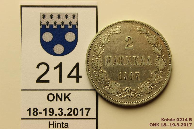 k-0214-b.jpg - Kohde 214 (kuva 2/2), lhthinta: 190 € / myyntihinta: 245 € 2 mk 1905 Ag, ep ij, kunto: 4/5