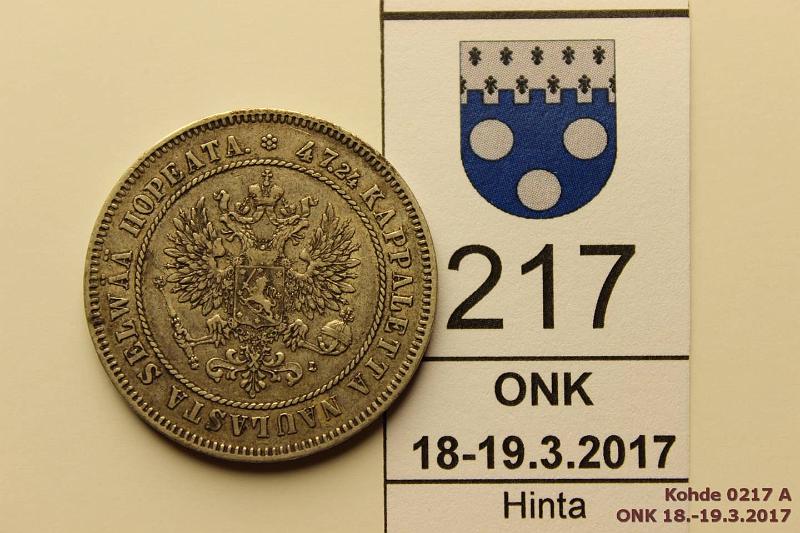 k-0217-a.jpg - Kohde 217 (kuva 1/2), lhthinta: 10 € / myyntihinta: 23 € 2 mk 1906 Ag, SNY 500.2, lyhyt /, kunto: 5