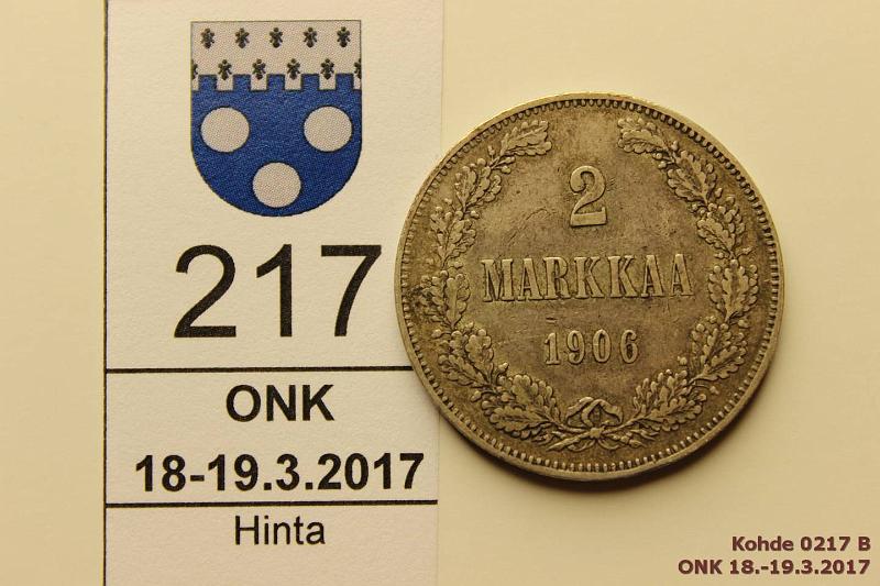 k-0217-b.jpg - Kohde 217 (kuva 2/2), lhthinta: 10 € / myyntihinta: 23 € 2 mk 1906 Ag, SNY 500.2, lyhyt /, kunto: 5