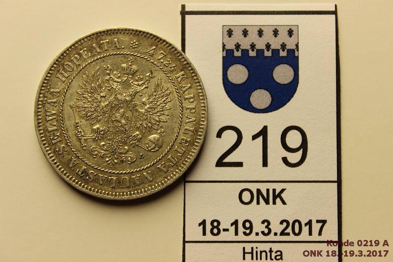 k-0219-a.jpg - Kohde 219 (kuva 1/2), lhthinta: 15 € / myyntihinta: 26 € 2 mk 1908 Ag, hnja, kunto: 6