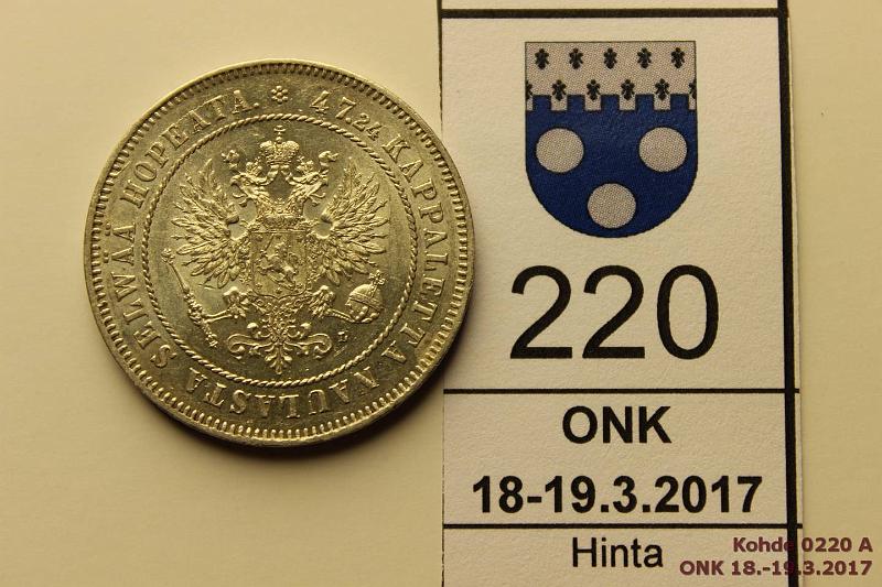 k-0220-a.jpg - Kohde 220 (kuva 1/2), lhthinta: 20 € / myyntihinta: 44 € 2 mk 1908 Ag, eprvja, hnja, kunto: 8/7