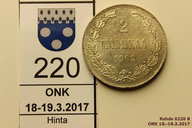 k-0220-b.jpg - Kohde 220 (kuva 2/2), lhthinta: 20 € / myyntihinta: 44 € 2 mk 1908 Ag, eprvja, hnja, kunto: 8/7