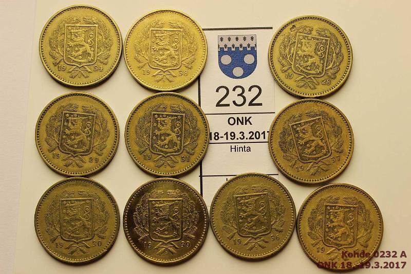 k-0232-a.jpg - Kohde 232, lhthinta: 5 € / myyntihinta: 16 € 10 mk 1928-39 (10) Kaikki v:t paitsi -32, kunto: 4-7