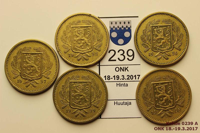 k-0239-a.jpg - Kohde 239, lhthinta: 5 € / myyntihinta: 14 € 20 mk 1934-39 (5) Kaikki v:t paitsi -36, kunto: 5-6