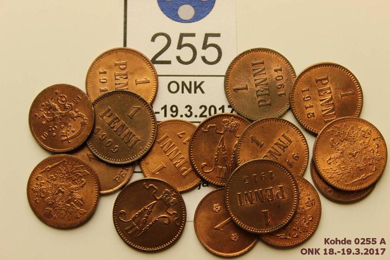 k-0255-a.jpg - Kohde 255, lhthinta: 15 € / myyntihinta: 26 € 1 p 1901-24 (16) Cu, 1901, -09, -13(3), -15, -16, -17(5), -20, -21, -22, -24. Leimakiiltoa, osassa likaa/hom, hieno er!, kunto: 8-9