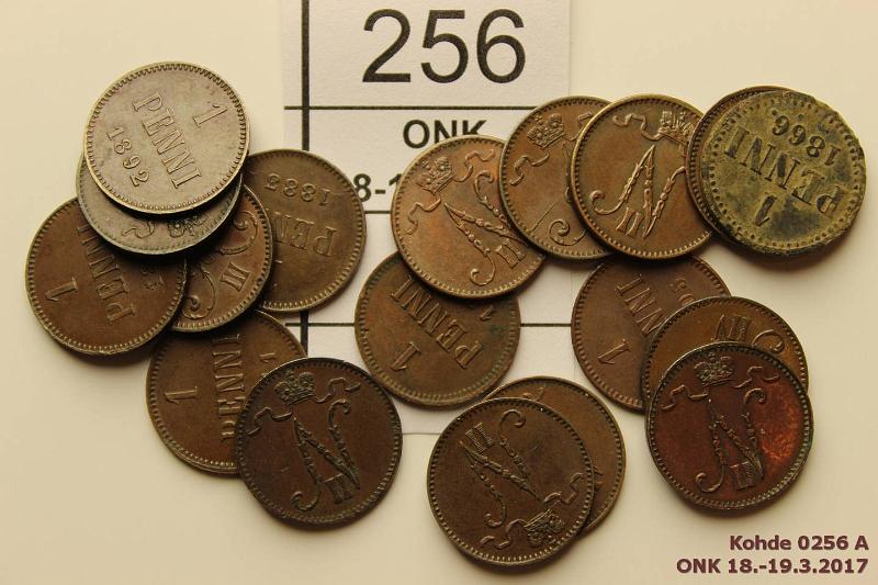 k-0256-a.jpg - Kohde 256, lhthinta: 15 € / myyntihinta: 32 € 1 p 1866-1917 (18) Cu, 1866 vikoja, -83, -88, -91, -92, -94, -98, -99,1901, -03(iso ja pieni 3), -05, -07, -09, -11, -14, -16, -17 II, kunto: 4-7