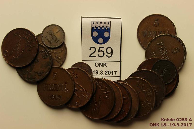 k-0259-a.jpg - Kohde 259, lhthinta: 8 € / myyntihinta: 27 € 1 - 5 p 1867-1917 (24) Cu, 1p 1892, -93, -95, 1900, -06, -09, -13, -16; 5p 1867(2), -72, -73(halki), -75, -88(kl5), -89, -96, -98(kl5), 1905, -08, -14, -15, -16, 17 II(2), kunto: 3-8