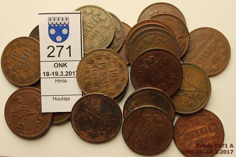 k-0271-a.jpg - Kohde 271, lhthinta: 20 € / myyntihinta: 57 € 10 p 1865-1915 (23) Cu, 1865(3), -66(2), -67(3), -76, -89, -90, -91, -95(2), -96, -97, -99, 1900, -05, -09, -12, -13, -15. Osassa vikoja, kunto: 3-7