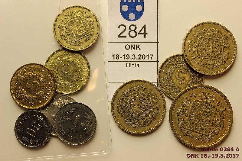 k-0284-a.jpg - Kohde 284, lhthinta: 10 € / myyntihinta: 11 € 50 p - 20 mk 1930-50 (10) 50p 1944(prp, kl8); 1mk 1940(kl9), -49(rpja, kl 7/8); 5mk 1930, -41(kl4), 1949, -50(kl 7-8); 10mk 1930, -31(kl4); 20mk 1934(kl6/7), kunto: 4-8