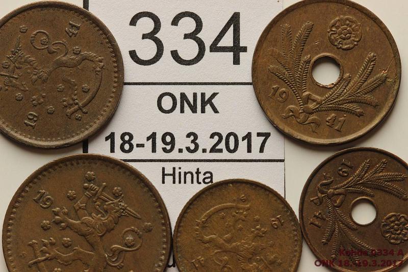 k-0334-a.jpg - Kohde 334, lhthinta: 5 € 5 p - 1 mk 1941 (5) Cu, 5, 10 ja 25p ottavat helposti magneettiin, 50p ja 1mk ottavat voimakkaaseen magneettiin, kunto: 4-6