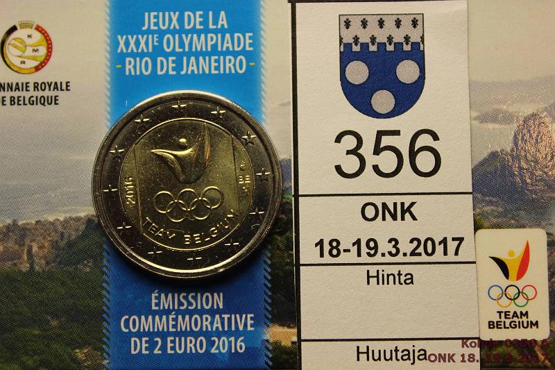 k-0356-a.jpg - Kohde 356, lhthinta: 5 € / myyntihinta: 6 € 2 € Belgia 2016 Belgia, Rion Olympialaiset, kortissa, kunto: 9