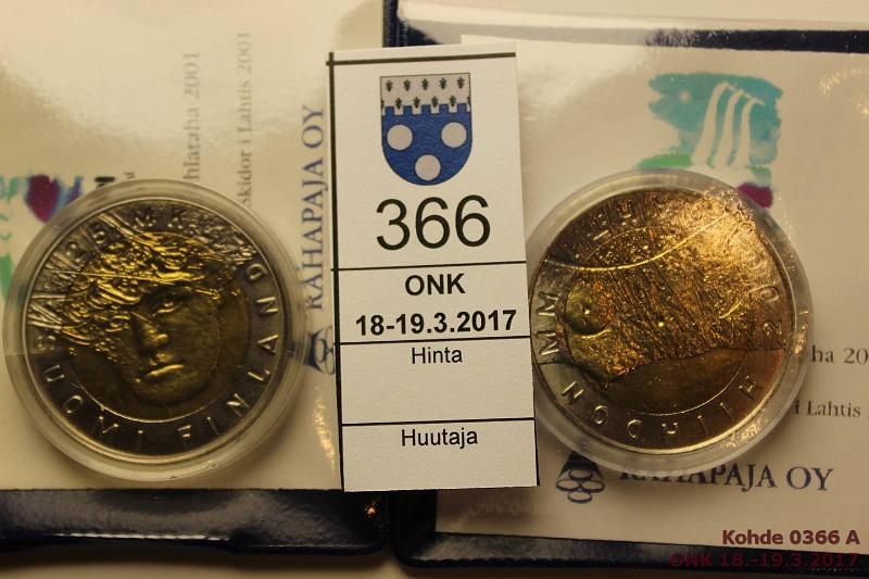 k-0366-a.jpg - Kohde 366, lhthinta: 15 € / myyntihinta: 17 € 25 mk 2001 (2) CuNi, BU, Lahti MM "Hemohes", kapselit, muovikotelot, tod., kunto: 9