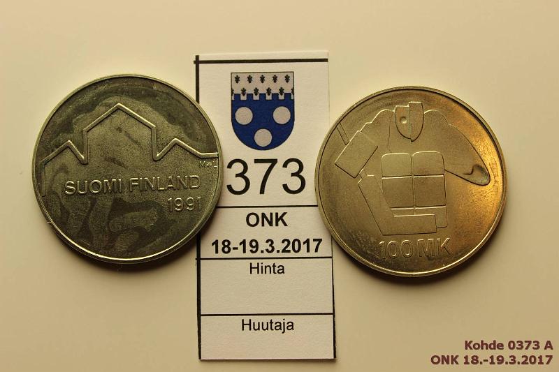 k-0373-a.jpg - Kohde 373, lhthinta: 12 € / myyntihinta: 17 € 100 mk 1991 (2) Ag, BU, Jkiekko, kunto: 9