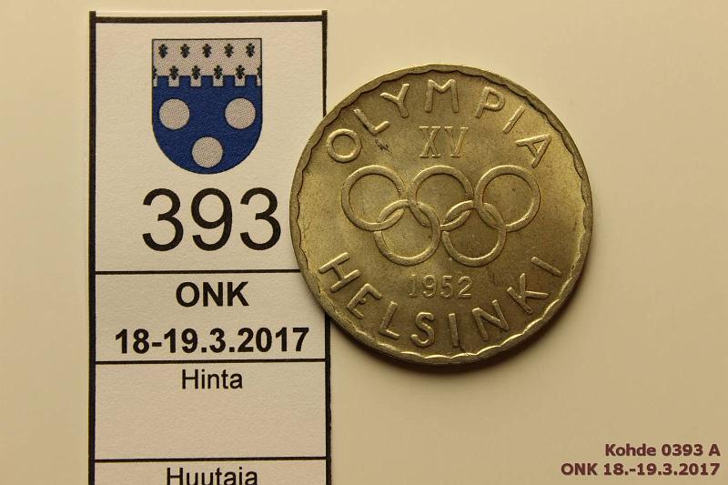 k-0393-a.jpg - Kohde 393, lhthinta: 10 € / myyntihinta: 11 € 500 mk 1952 Ag, hnja, tummia pisteit, erittin kaunis, kunto: 8