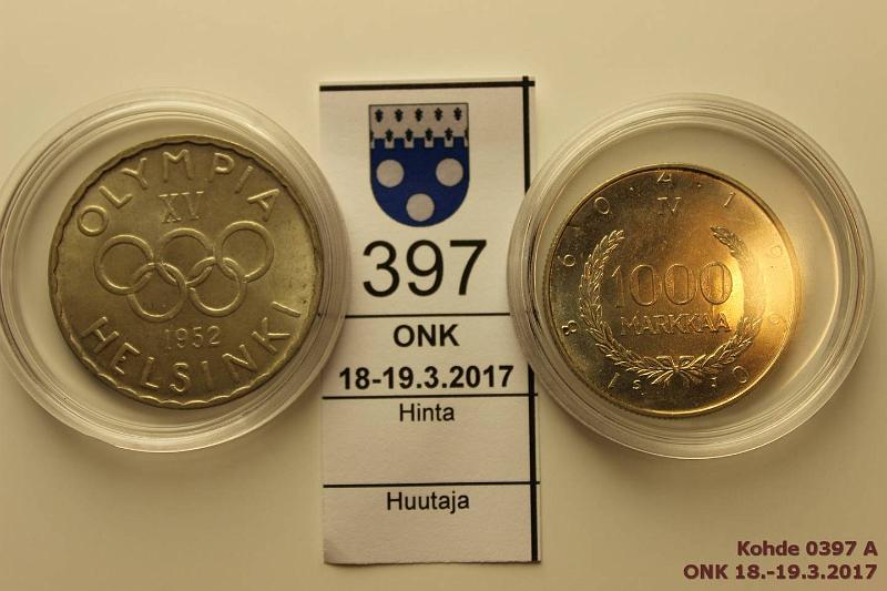 k-0397-a.jpg - Kohde 397, lhthinta: 20 € / myyntihinta: 23 € 500 + 1000 mk 1952, -60 Ag, kapseleissa, erittin kauniit!, kunto: 8, 9