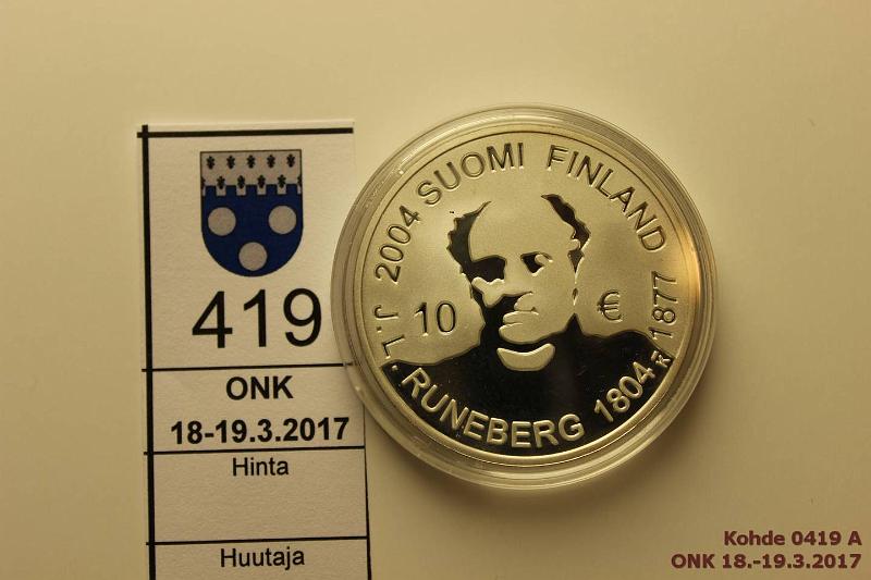 k-0419-a.jpg - Kohde 419, lhthinta: 15 € / myyntihinta: 15 € 10 € 2004 Ag, Proof, Runeberg, kapseli, kunto: 10