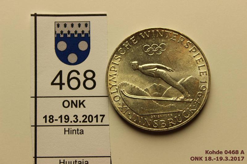 k-0468-a.jpg - Kohde 468, lhthinta: 5 € / myyntihinta: 8 € Itvalta 50 sch 1964 KM#2896 Ag, 20g/900, Innsbruck, mkihyppj, hnja, kunto: 8