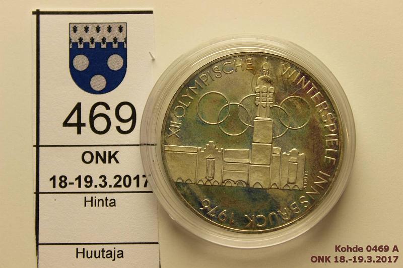 k-0469-a.jpg - Kohde 469, lhthinta: 10 € / myyntihinta: 10 € Itvalta 100 sch 1964 KM#2927 Ag, 20g/900, Innsbruck, linna. Hieman patinaa, phpja, hnja, kapseli, kunto: 8