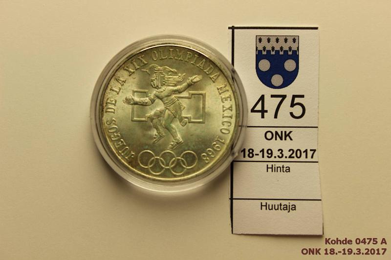 k-0475-a.jpg - Kohde 475, lhthinta: 10 € / myyntihinta: 10 € Meksiko 1968 KM#479 Ag, 22,5g/720, hieman patinaa, phpja, kapseli, kunto: 8