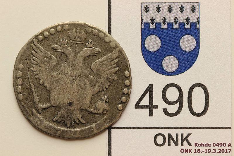 k-0490-a.jpg - Kohde 490 (kuva 1/2), lhthinta: 20 € / myyntihinta: 27 € 20 kop 1771 C#63a.2c Ag, СПБ, Ekaterina II, kunto: 2/3