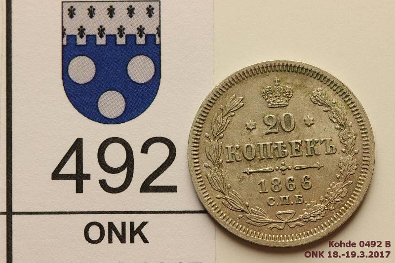 k-0492-b.jpg - Kohde 492 (kuva 2/2), lhthinta: 10 € / myyntihinta: 22 € 20 kop 1866 Y#22.2 Ag, СПБ, НФ, Alexander II, eprv, kunto: 8/6