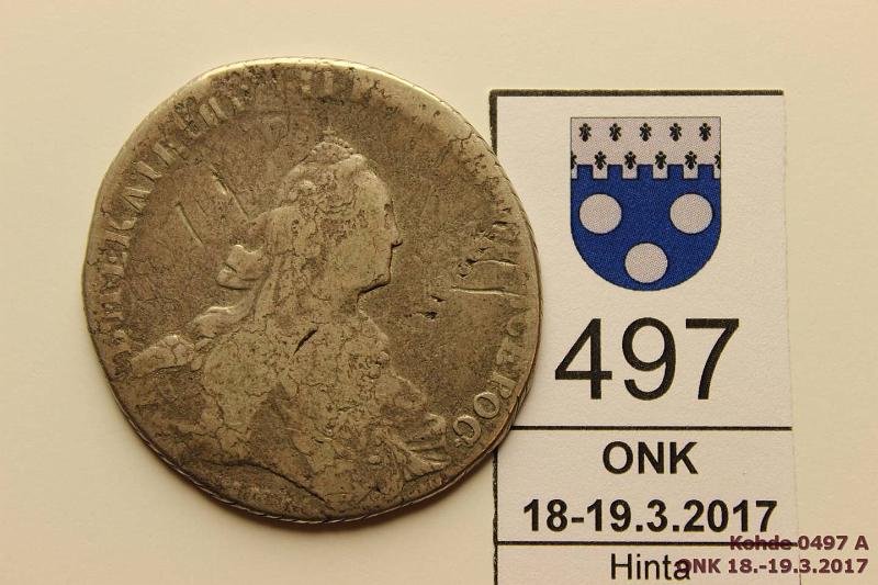 k-0497-a.jpg - Kohde 497 (kuva 1/2), lhthinta: 60 € / myyntihinta: 60 € 1 rupla 1768 C#67a.1 Ag, Ekaterina II ММД ЕІ, ij, kunto: 2