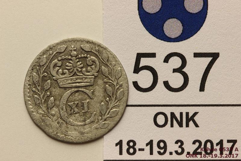 k-0537-a.jpg - Kohde 537 (kuva 1/2), lhthinta: 5 € / myyntihinta: 5 € 1 r 1683 KM#250 Ag, Karl XI, kunto: 2