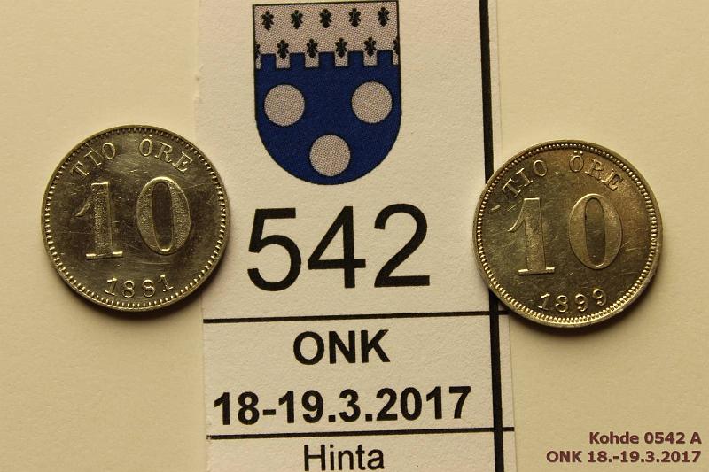 k-0542-a.jpg - Kohde 542 (kuva 1/2), lhthinta: 50 € / myyntihinta: 170 € 10 re (2) 1881, -98 KM#755 Ag, Oscar II, loisteliaat!, kunto: 8, 9