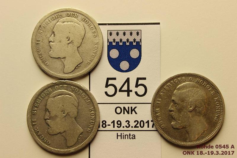 k-0545-a.jpg - Kohde 545 (kuva 1/2), lhthinta: 20 € / myyntihinta: 20 € 1 kr (3) 1876-83 KM#741, 747 Ag, 1876(hnja), -79(rvja), -83, Oscar II, kunto: 3-4