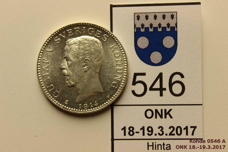 k-0546-a.jpg - Kohde 546 (kuva 1/2), lhthinta: 45 € / myyntihinta: 150 € 1 kr 1914 KM#786.1 Ag, hnja, loistelias!, kunto: 9