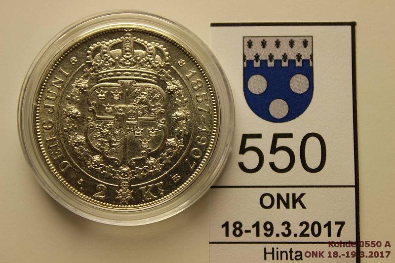 k-0550-a.jpg - Kohde 550 (kuva 1/2), lhthinta: 20 € / myyntihinta: 32 € 2 kr 1907 KM#776 Ag, 15g/800, Golden Wedding / Oscar II & Sofia, hnja, loistelias! Kapseli, kunto: 9/8