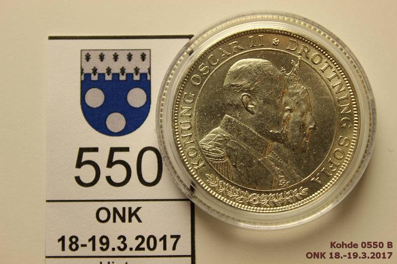 k-0550-b.jpg - Kohde 550 (kuva 2/2), lhthinta: 20 € / myyntihinta: 32 € 2 kr 1907 KM#776 Ag, 15g/800, Golden Wedding / Oscar II & Sofia, hnja, loistelias! Kapseli, kunto: 9/8