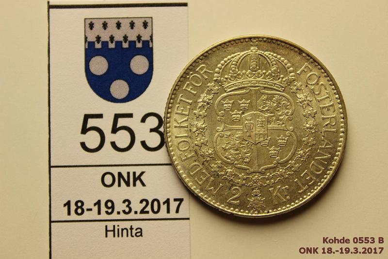 k-0553-b.jpg - Kohde 553 (kuva 2/2), lhthinta: 10 € / myyntihinta: 32 € 2 kr 1928 KM#787 Ag, 15g/800 Gustaf V, ephpja, erittin kaunis!, kunto: 8