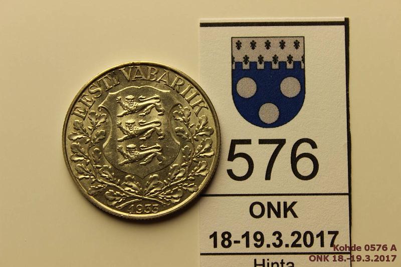 k-0576-a.jpg - Kohde 576 (kuva 1/2), lhthinta: 40 € / myyntihinta: 70 € Eesti 1 kr 1933 KM#14 Ag, Song Festival, hieman likaa, erittin kaunis!, kunto: 8