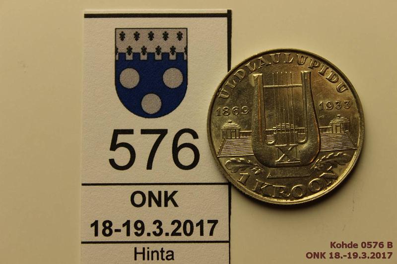 k-0576-b.jpg - Kohde 576 (kuva 2/2), lhthinta: 40 € / myyntihinta: 70 € Eesti 1 kr 1933 KM#14 Ag, Song Festival, hieman likaa, erittin kaunis!, kunto: 8