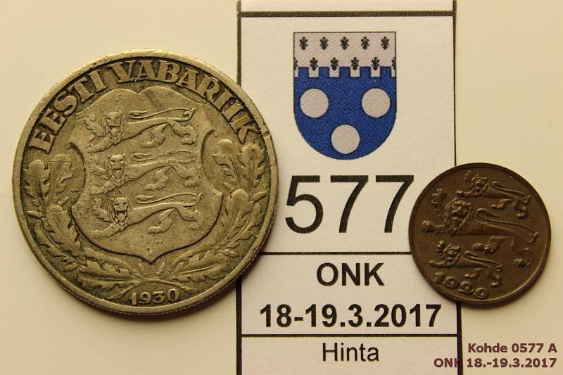 k-0577-a.jpg - Kohde 577, lhthinta: 5 € / myyntihinta: 8 € Eesti 2 kr 1930 KM#20 Ag, Toompean linnoitus, rv. Lisksi 1 senti Br 1929, kunto: 3, 5