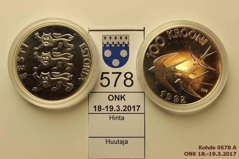 k-0578-a.jpg - Kohde 578, lhthinta: 20 € / myyntihinta: 20 € Eesti 100 kr (2) 1992 KM#27 Ag, Prooflike, kapselit, kunto: 9