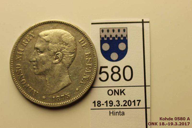 k-0580-a.jpg - Kohde 580 (kuva 1/2), lhthinta: 25 € Espanja 5 ptas 1875 KM#671 Ag, 25g/900, Alfonso XII, patinaa, lpuhd, kunto: 4