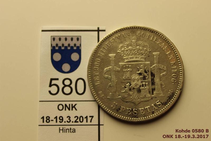 k-0580-b.jpg - Kohde 580 (kuva 2/2), lhthinta: 25 € Espanja 5 ptas 1875 KM#671 Ag, 25g/900, Alfonso XII, patinaa, lpuhd, kunto: 4