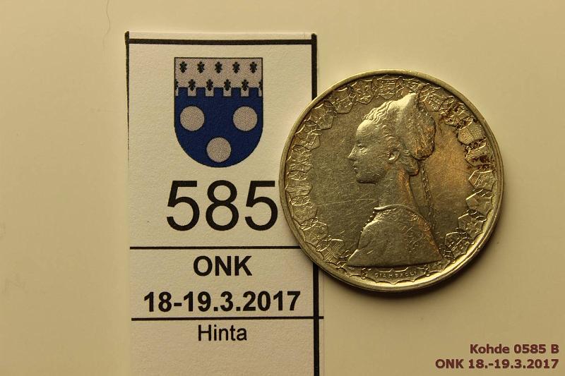 k-0585-b.jpg - Kohde 585 (kuva 2/2), lhthinta: 5 € / myyntihinta: 6 € Italia 500 l 1966 KM#98 Ag, 11g/835, hnja, patinaa, kunto: 6