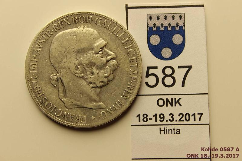 k-0587-a.jpg - Kohde 587 (kuva 1/2), lhthinta: 10 € / myyntihinta: 13 € Itvalta 5 coronas 1900 KM#2807 Ag, 24g/900, Franz Joseph I, kunto: 4