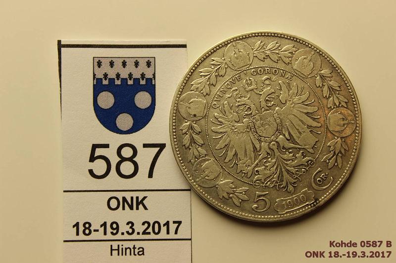 k-0587-b.jpg - Kohde 587 (kuva 2/2), lhthinta: 10 € / myyntihinta: 13 € Itvalta 5 coronas 1900 KM#2807 Ag, 24g/900, Franz Joseph I, kunto: 4