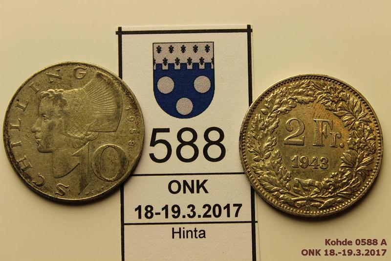 k-0588-a.jpg - Kohde 588, lhthinta: 5 € / myyntihinta: 11 € Itvalta 10 sch, Sveitsi 2 f 1938, -43 KM#2882, 21 Ag, 7,5g/640, 10 schilling 1938; 10g/835, 2 franken 1943b, kunto: 4, 6