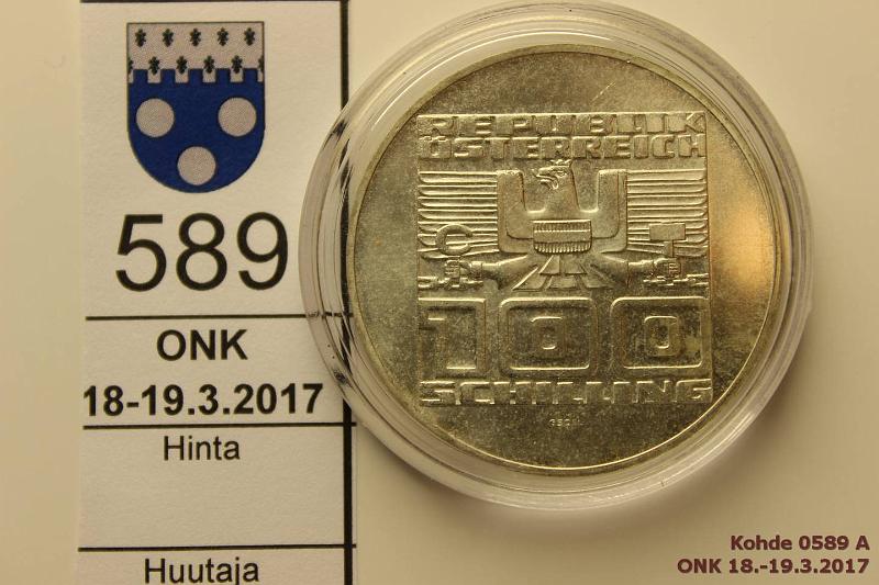 k-0589-a.jpg - Kohde 589 (kuva 1/2), lhthinta: 10 € / myyntihinta: 10 € Itvalta 100 sch 1975 KM#2925 Ag, 23,93g/640, Schilling 50v, hieman patinaa, kapseli, kunto: 8