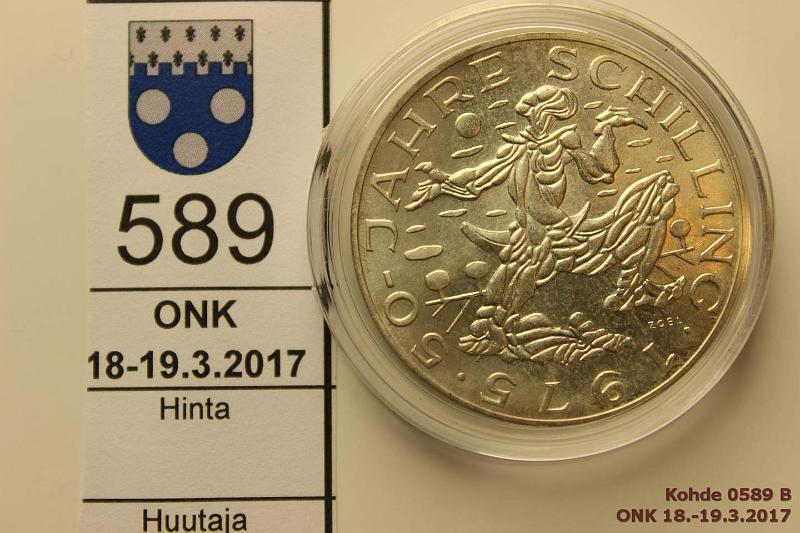 k-0589-b.jpg - Kohde 589 (kuva 2/2), lhthinta: 10 € / myyntihinta: 10 € Itvalta 100 sch 1975 KM#2925 Ag, 23,93g/640, Schilling 50v, hieman patinaa, kapseli, kunto: 8