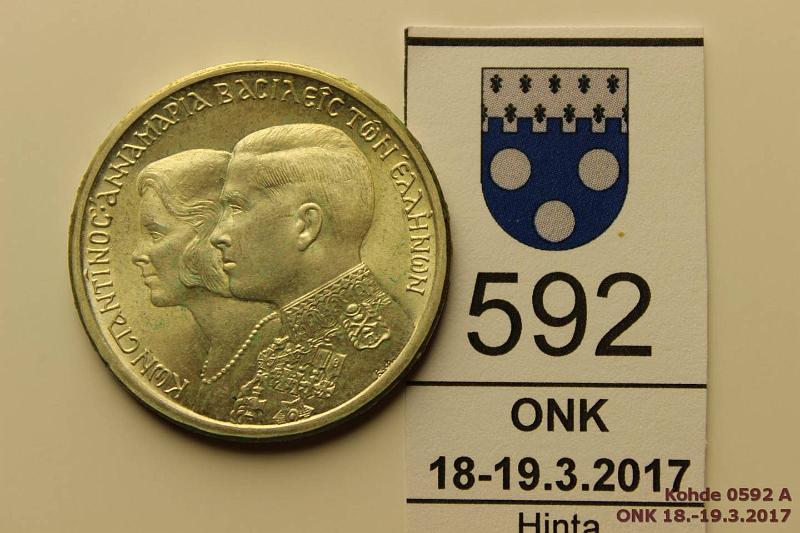 k-0592-a.jpg - Kohde 592 (kuva 1/2), lhthinta: 5 € / myyntihinta: 10 € Kreikka 30 dr 1964 KM#87 Ag, 12g/835 Constantine II Royal Marriage, hieman patinaa, kunto: 8