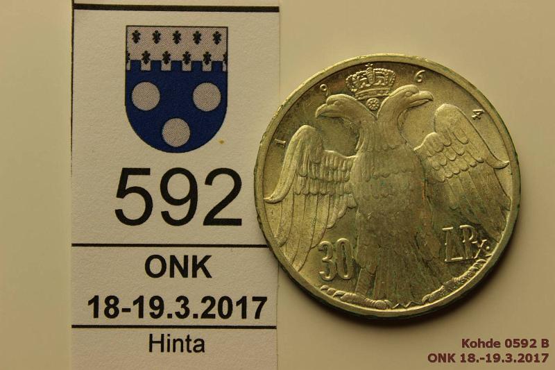 k-0592-b.jpg - Kohde 592 (kuva 2/2), lhthinta: 5 € / myyntihinta: 10 € Kreikka 30 dr 1964 KM#87 Ag, 12g/835 Constantine II Royal Marriage, hieman patinaa, kunto: 8