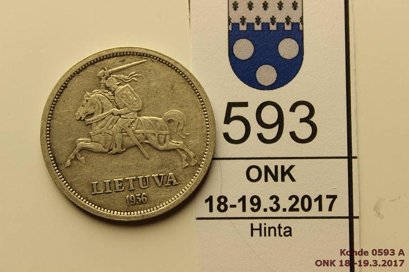 k-0593-a.jpg - Kohde 593 (kuva 1/2), lhthinta: 8 € / myyntihinta: 11 € Liettua 5 l 1936 KM# 82 Ag, 9g/750, kunto: 5