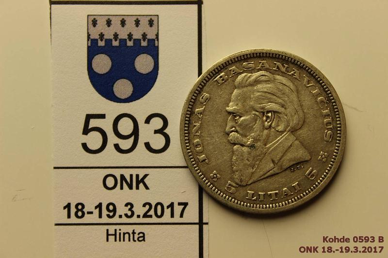 k-0593-b.jpg - Kohde 593 (kuva 2/2), lhthinta: 8 € / myyntihinta: 11 € Liettua 5 l 1936 KM# 82 Ag, 9g/750, kunto: 5