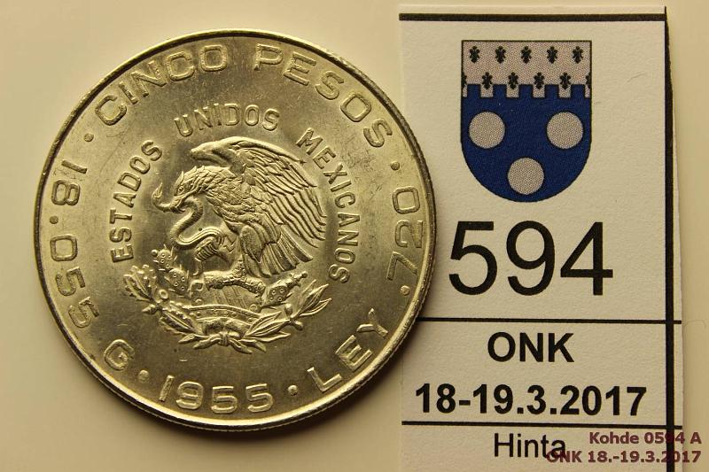 k-0594-a.jpg - Kohde 594 (kuva 1/2), lhthinta: 5 € / myyntihinta: 7 € Meksiko 5 p 1955 KM#469 Ag, 18,055g/720, Indepencia/Hidalgo, kunto: 8